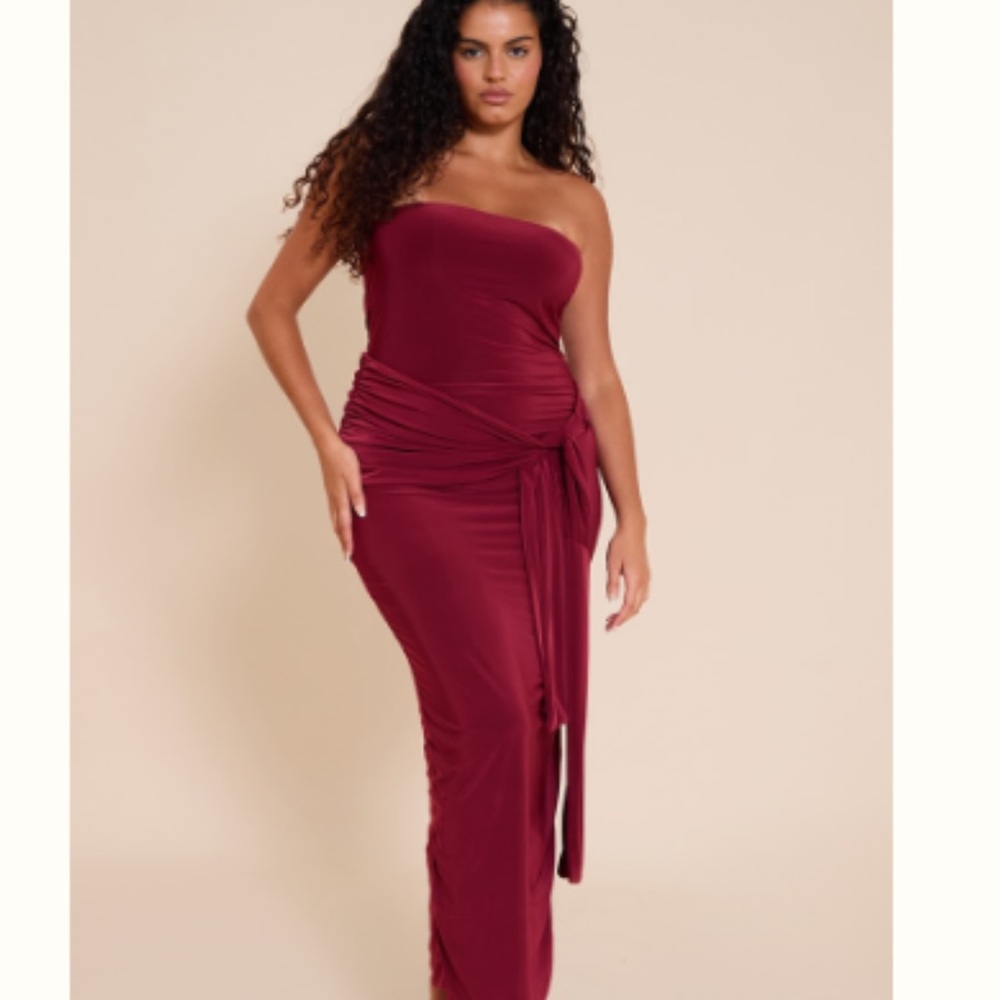 PrettyLittleThing Strapless Burgundy Wrap Maxi Dress
